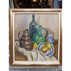 Oil On Pannel  Signed Maurice Mourlot "still Life With Pitchers" 