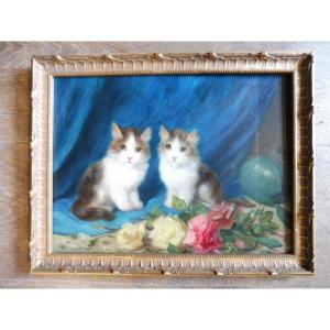 Oil On Panel Signed Emile Valentin Cardinal "the Kittens"  