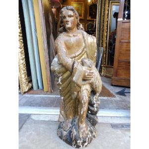 17th Century Carved Wooden Statue "saint Roch And His Dog"  
