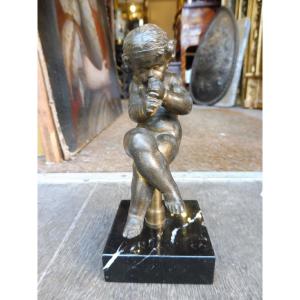 Small Bronze Sculpture "seated Child" On Marble Base 