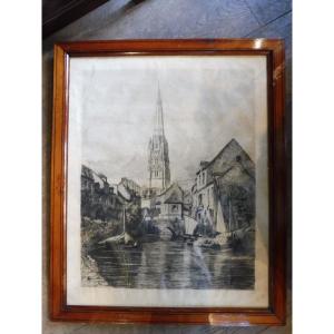 19th Century Engraving "view Of Harfleur",