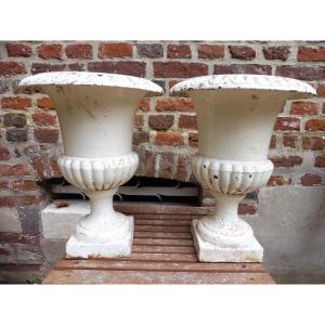 Pair Of 19th Century Cast Iron Medici Vases