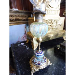 Oil Lamp With Cloisonné Enamel And Gilt Bronze Mount, Opalescent Glass Body, 19th Century
