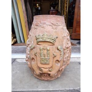 Terracotta Pot Decorated With A Saint And A Coat Of Arms 