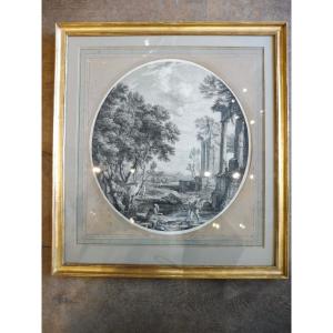 18th Century Engraving "classical Landscape With Ruins"  