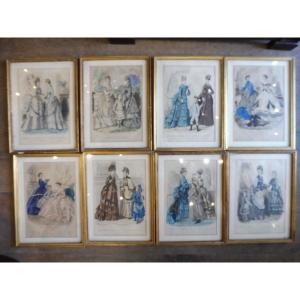 Set Of Eight Framed Color Second Empire Fashion Engravings  