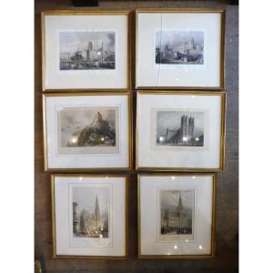 Set Of Six Framed 19th Century Engravings "monuments Of European Cities" 