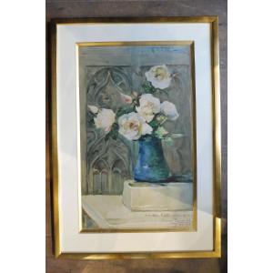 Watercolor Signed Laure Brouardel "bouquet Of White Roses" 