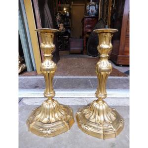 Pair Of Gilt Bronze Candlesticks In The 19th-century Transitional Style 
