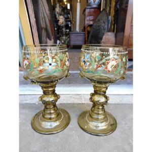 Pair Of Stemmed Bowls In Green Enameled  Cristal, Neo-gothic Style, 19th Century