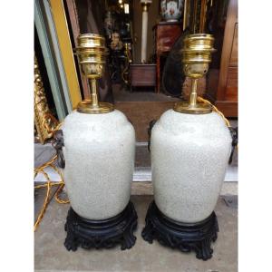 Pair Of Chinese Porcelain Lamp Bases Mounted In Bronze, 19th Century