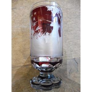 Bohemian Crystal Glass With Engraved Garnet Background, 19th Century
