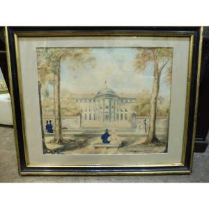 19th Century Watercolor Signed A. Genissieu "passersby In Front Of A Palace"  