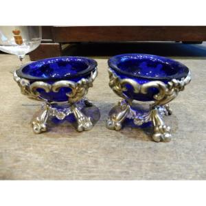 Pair Of 19th-century Silver And Blue Crystal Salt Cellars 