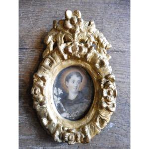 Miniature On Ivory "saint Dominique " In A Louis XIV Giltwood Frame