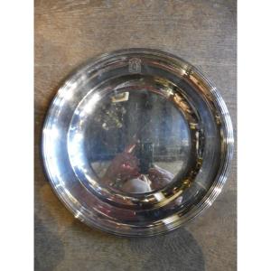 Round Silver-plated Metal Dish, Signed Christofle, With Coat Of Arms  