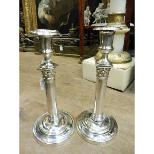 Pair Of Empire Silver-plated Brass Candlesticks 