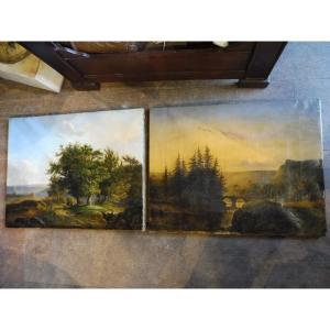 Pair Of 19th-century Oil Paintings On Canvas, "lively Landscapes In The Morning And Evening"