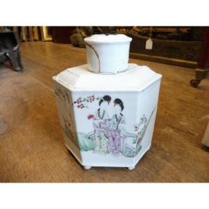 Chinese Porcelain Tea Caddy With Polychrome Decoration Of Women And Calligraphy    