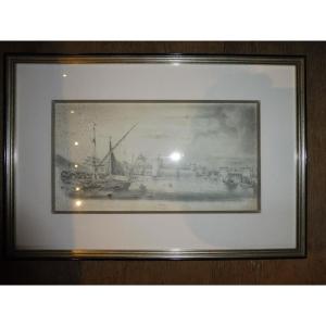19th Century Pencil Drawing "view Of Livorno"