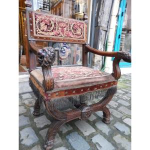 Dagobert Armchair In Carved Walnut And Embroidered Velvet, 17th-century Style 