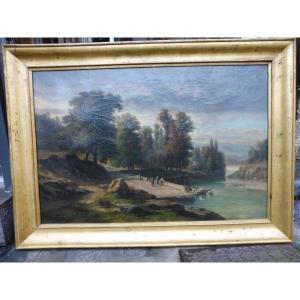 Oil On Canvas, 19th Century, "lively Landscape By The River"  