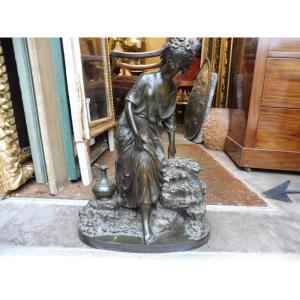Bronze Sculpture Signed Coinchon "young Girl At The Fountain" 19th Century