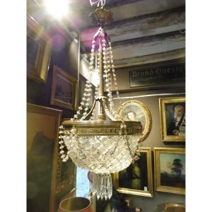 Pendant Light With Beaded Cords, Gilt Brass Mount, Circa 1900 
