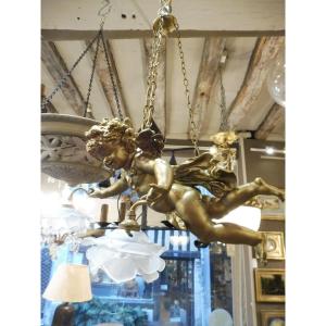 Hanging Lamp  In Gilt Composition Decorated With Angel, Circa 1900