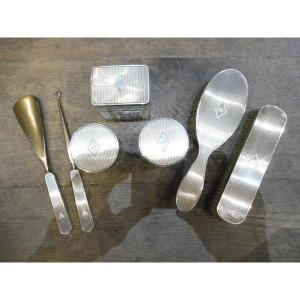 Set Of Seven Pieces In Vermeil And Crystal Toiletry Kit.