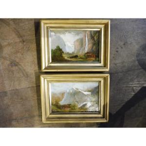 Pair Of Oil Paintings On Cardboard From The 19th-century Swiss School 