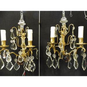 Pair Of Wall Sconces In Gilt Bronze And Crystal, 18th Century Style, Circa 1900