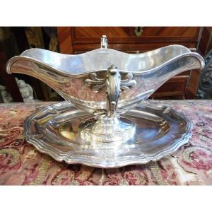 Silver-plated Metal Gravy Boat And Its Tray, 19th Century, With Coat Of Arms  