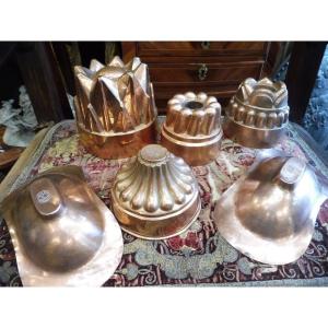 Set Of Six 19th-century Red Copper Molds, Some Marked 