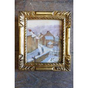 Oil On  Cardboard, Signed Circa 1900, "lively Village Under The Snow"  