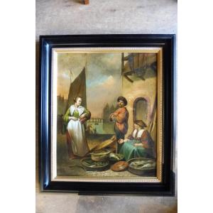Oil On Sheet Metal Painting From The école Du Nord, 19th Century, "the Fishmonger"  