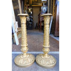 Pair Of Gilt Bronze Candlesticks From The Empire Period 