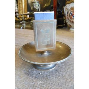 Brass Ashtray/match Holder Engraved With A Coat Of Arms, 19th Century