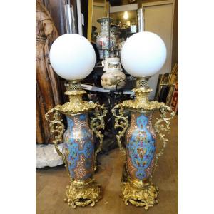 Pair Of Large Louis Philippe Porcelain And Gilt Bronze Oil Lamps