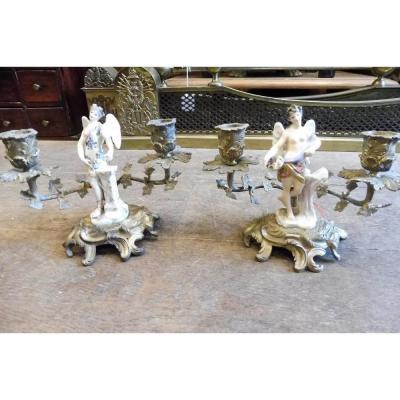 Pair Of Hand Candlesticks In Chiseled Bronze With Porcelain Subject Louis XV Style