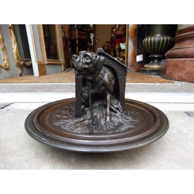 Bronze Inkwell Signed Jules Moigniez In The Shape Of A Dog Kennel