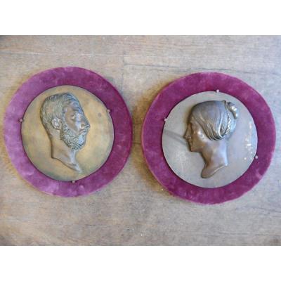 Pair Of Bronze Profiles Signed Pradier