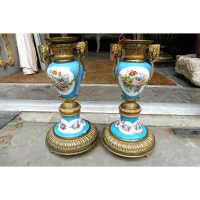Pair Of Paris Porcelain Candelsticks, Gilt Bronze Mount 19 Century 