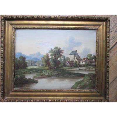 "house Au Bord De La Riviere" Hst (ecole Suisse) XIX