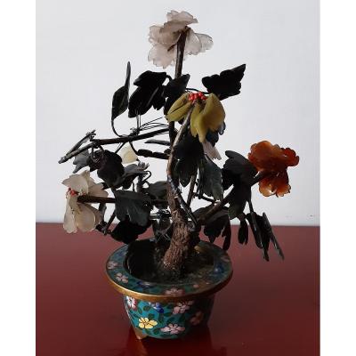 Vase Cloisonné Arbre à Fleurs En Cornaline Et Jade