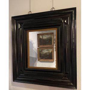 Exceptional Dutch Mirror In Veneered And Blackened Wood. 17th Century Museum Quality Work
