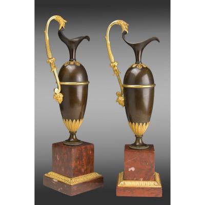 Pair Of Aiguiéres In Patinated And Gilded Bronze, Model By André Ravrio