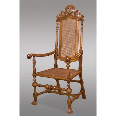 Armchair In Walnut And Wicker In Perfect Condition, Restored. Castile Spain Eighteenth Century.