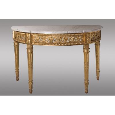 Half Moon Console In Golden Wood White Veined Marble Original. Louis XVI Period