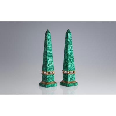 Russian Obelisks In Malachite And Gilt Bronze